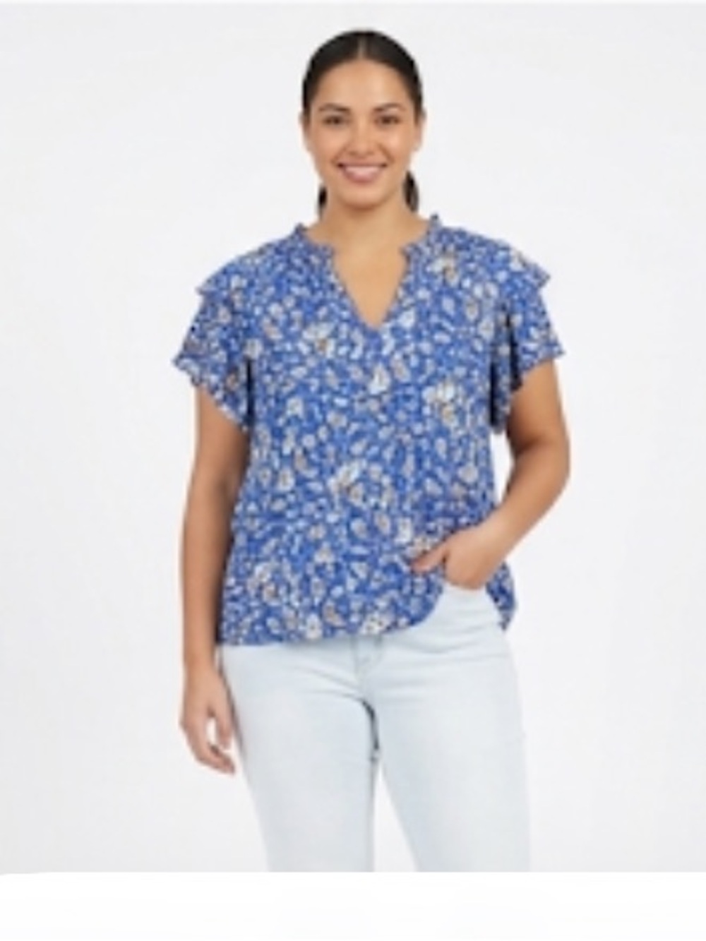 MELLODAY Blue Floral short ruffle sleeves top size L